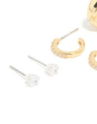Mixed Metal Brass Cubic Zirconia Stud & Hoop Earrings 3-Pack - link has visual effect only