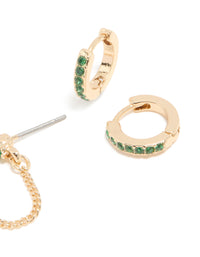 Gold Green Cubic Zirconia Floral Chain & Huggie Earrings 2-Pack - link has visual effect only