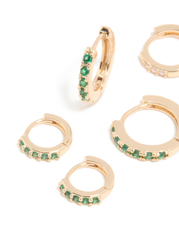 Gold Emerald & Clear Cubic Zirconia Huggie Earrings 3-Pack