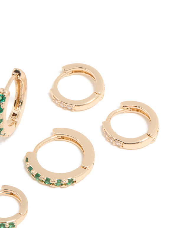 Gold Emerald & Clear Cubic Zirconia Huggie Earrings 3-Pack