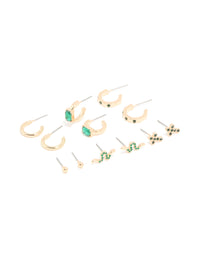 Gold Green Diamante Cross & Snake Earrings 6-Pack - link has visual effect only