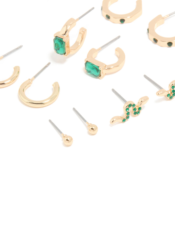 Gold Green Diamante Cross & Snake Earrings 6-Pack