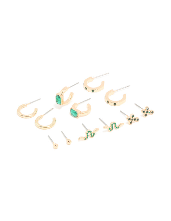 Gold Green Diamante Cross & Snake Earrings 6-Pack