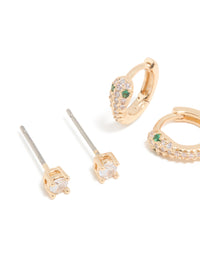Gold Cubic Zirconia Cross & Snake Earrings 3-Pack - link has visual effect only