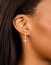 Gold Cubic Zirconia Cross Drop Huggie Earrings - link has visual effect only