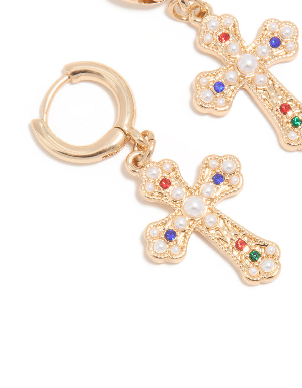 Gold Semi-Precious Stone & Pearl Baroque Cross Huggie Earrings