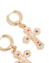 Gold Semi-Precious Stone & Pearl Baroque Cross Huggie Earrings - link has visual effect only