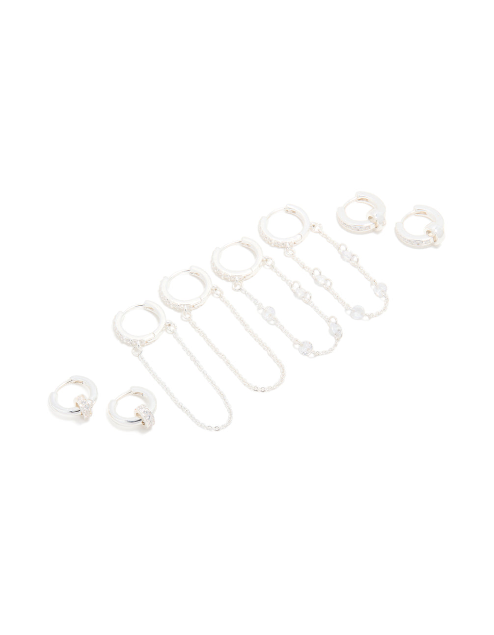 Silver Plated Cubic Zirconia Chained & Rondell Huggie Earrings 4-Pack