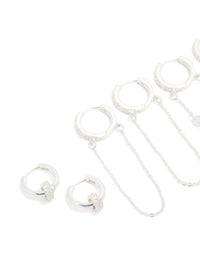 Silver Plated Cubic Zirconia Chained & Rondell Huggie Earrings 4-Pack - link has visual effect only
