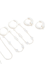 Silver Plated Cubic Zirconia Chained & Rondell Huggie Earrings 4-Pack - link has visual effect only