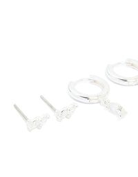 Silver Plated Cubic Zirconia Dainty Stud & Huggie Earrings 4-Pack - link has visual effect only