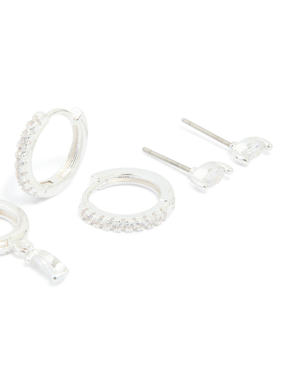 Silver Plated Cubic Zirconia Dainty Stud & Huggie Earrings 4-Pack