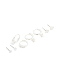 Silver Plated Cubic Zirconia & Pearl Earrings 4-Pack - link has visual effect only