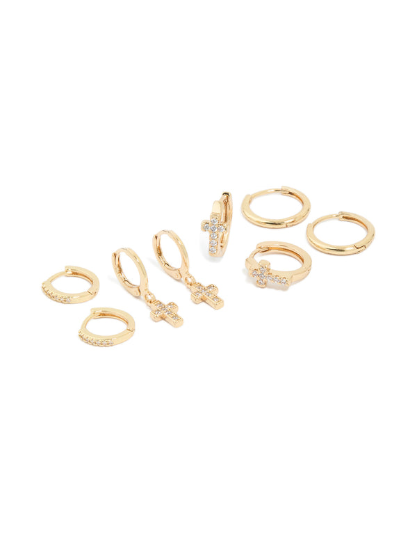 Gold Plated Cubic Zirconia Cross Huggie Earrings 4-Pack