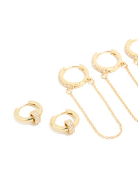 Gold Plated Cubic Zirconia Chained & Rondell Huggie Earrings 4-Pack - link has visual effect only