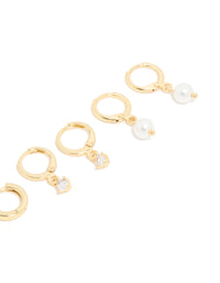 Gold Plated Pearl & Cubic Zirconia Drop Huggie Earrings 4-Pack - link has visual effect only