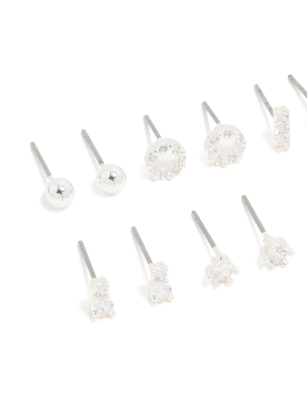 Silver Plated Cubic Zirconia Dainty Motif Stud Earrings 6-Pack