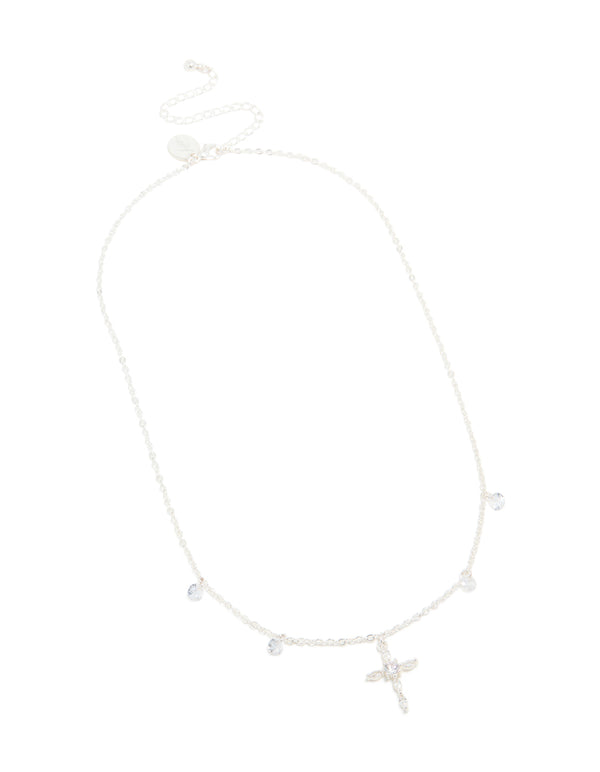 Silver Plated Cubic Zirconia Floating Cross Pendant Necklace