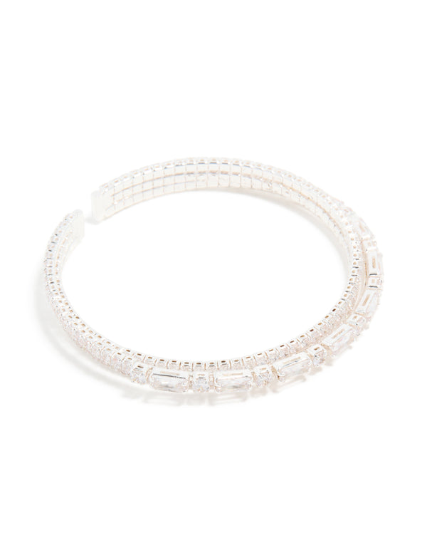Silver Plated Cubic Zirconia Rectangle Layered Wrist Cuff