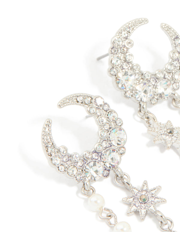 Silver Diamate & Pearl Celestial Drop Earrings