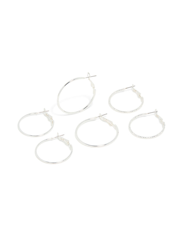 Silver Medium Smooth & Textured Hoop Earrings 3-Pack