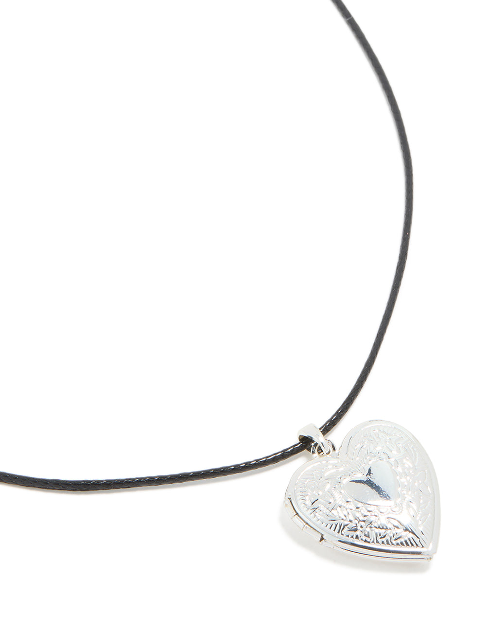 Silver Heart Locket Black Cord Necklace