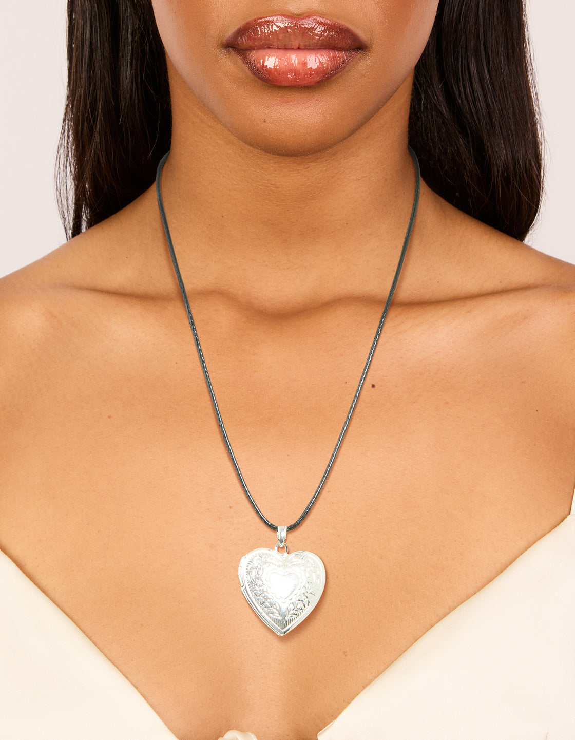 Silver Heart Locket Black Cord Necklace