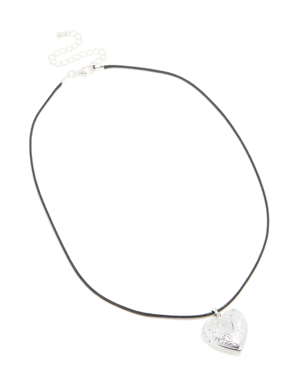 Silver Heart Locket Black Cord Necklace