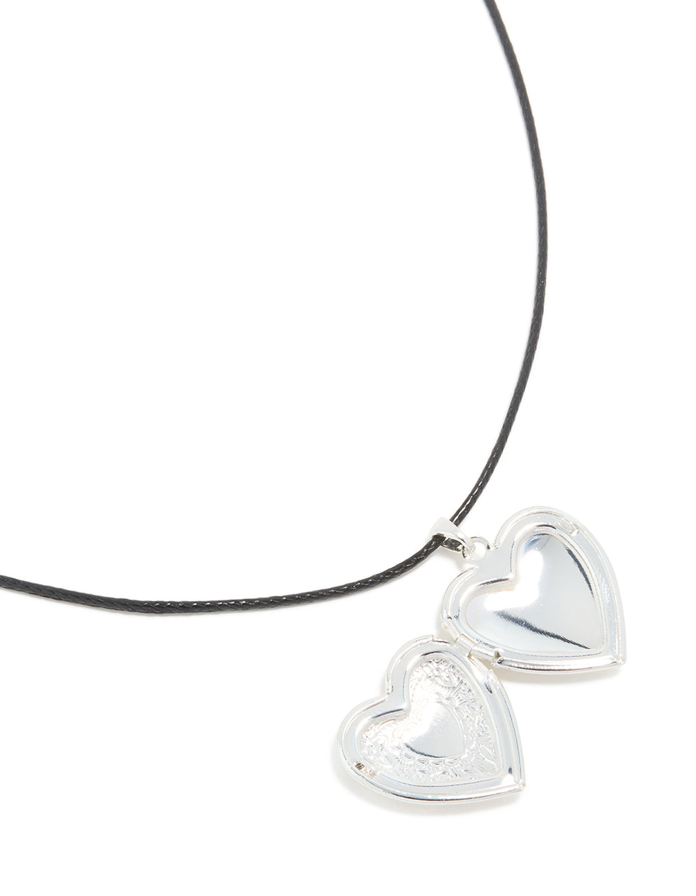 Silver Heart Locket Black Cord Necklace