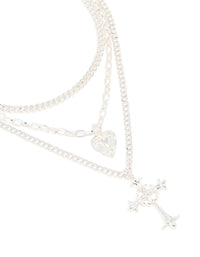 Silver Chain Heart & Gothic Cross Layered Necklace - link has visual effect only