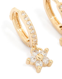 Crafted with gold plated cubic zirconia, these flower pendant huggie earrings showcase and huggie closure close up view - link has visual effect only