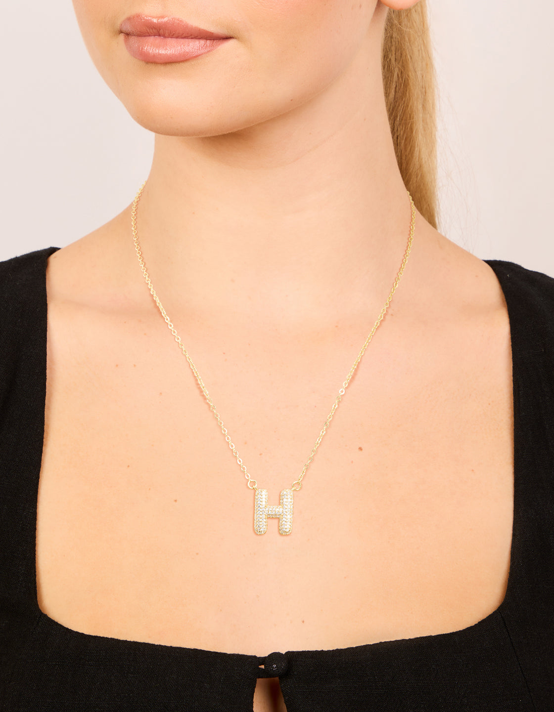 Gold Plated Cubic Zirconia Pave Letter H Necklace