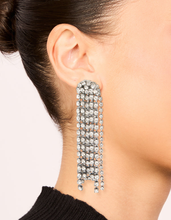 Gunmetal Silver Diamante Fringe Drop Earrings