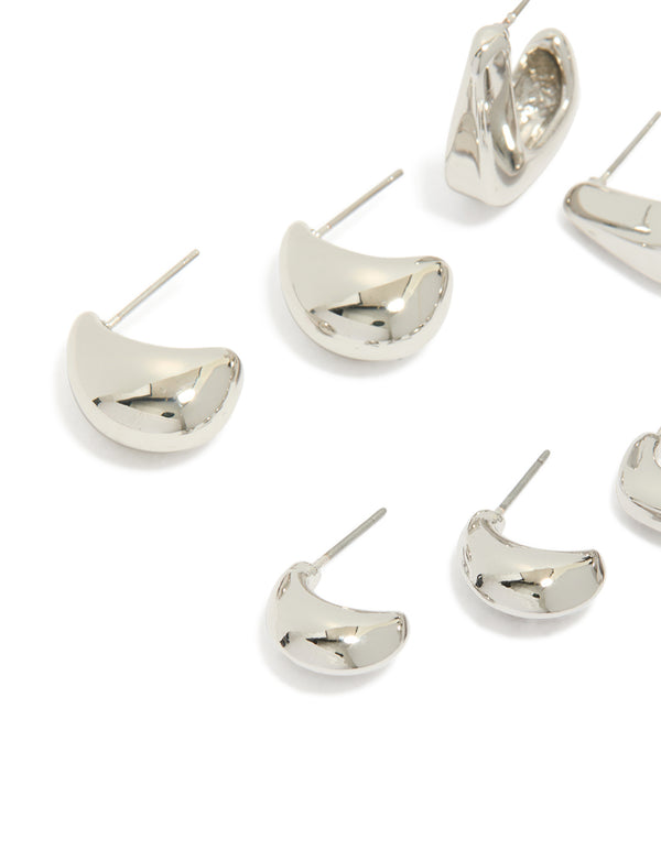 Featuring silver minimal hoop earrings in a 6-pack with varied sizes close up view
