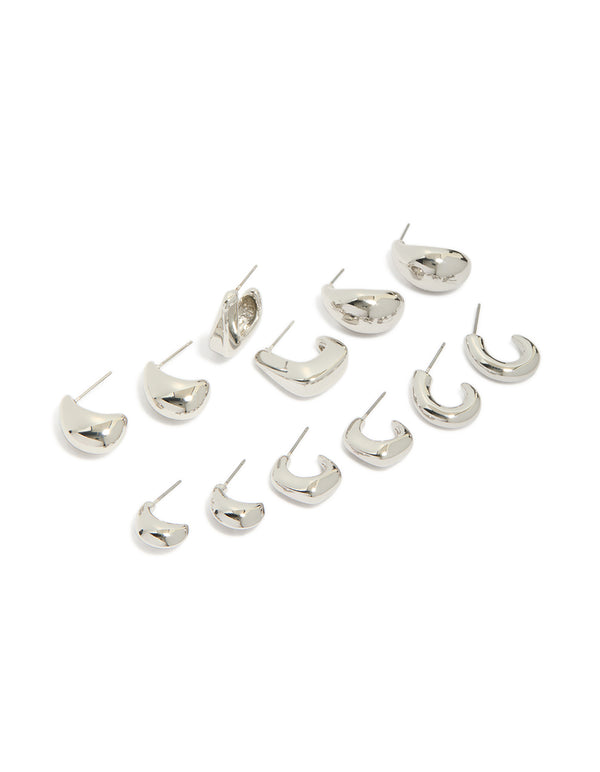 Silver minimal hoop earrings 6-pack arranged in a display front view