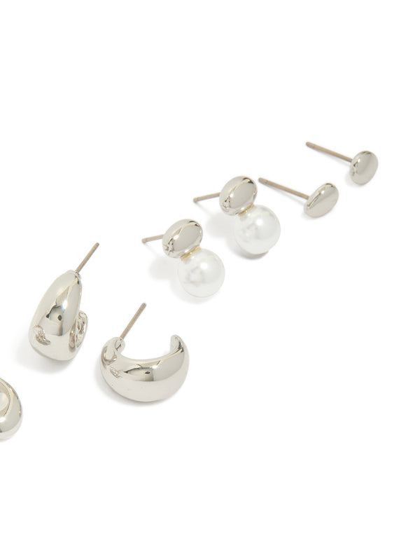 Crafted from silver with pearl and orb stud earrings in a dainty 6-pack post detail view