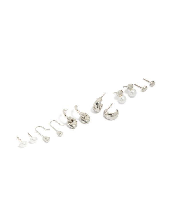Featuring dainty pearl and orb stud earrings in a 6-pack with hoop designs front view