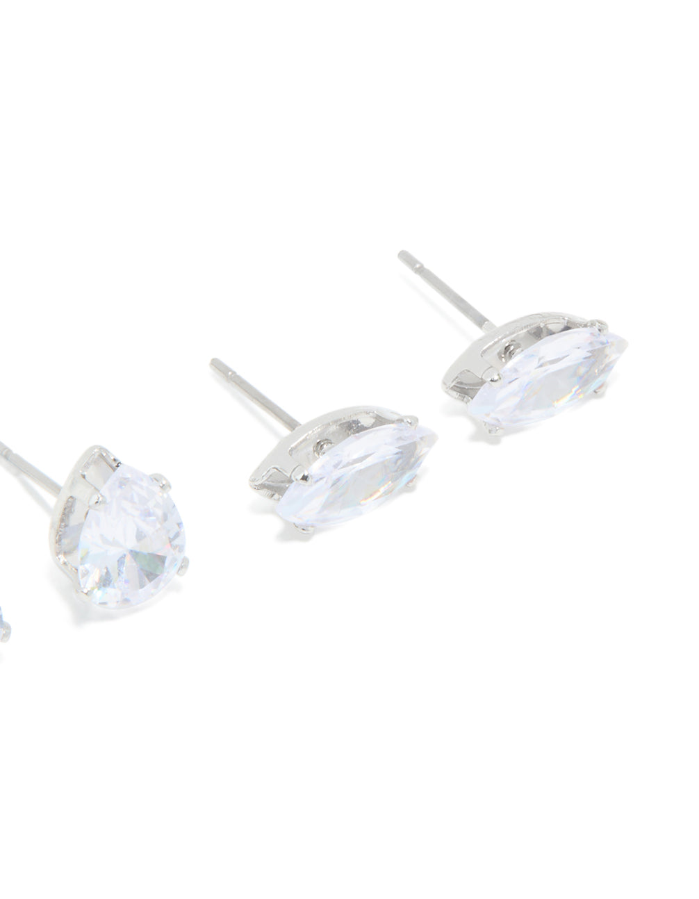 Silver Cubic Zirconia Marquise Mixed Shape Stud Earrings 3-Pack