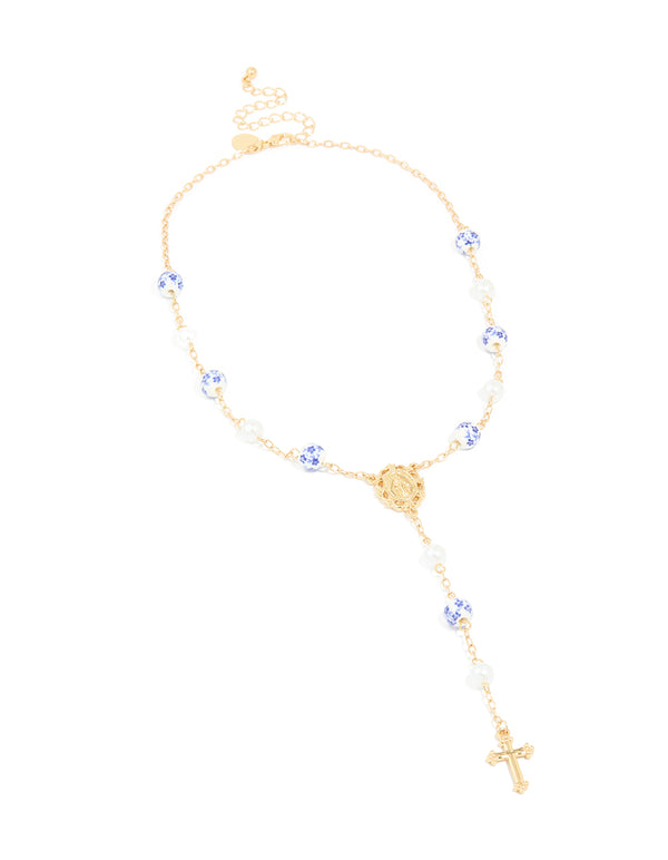 Gold Plated Blue Floral Rosary Necklace
