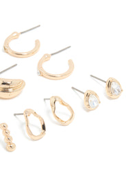 Gold Diamante Ornate Stud & Hoop Earrings 6-Pack - link has visual effect only