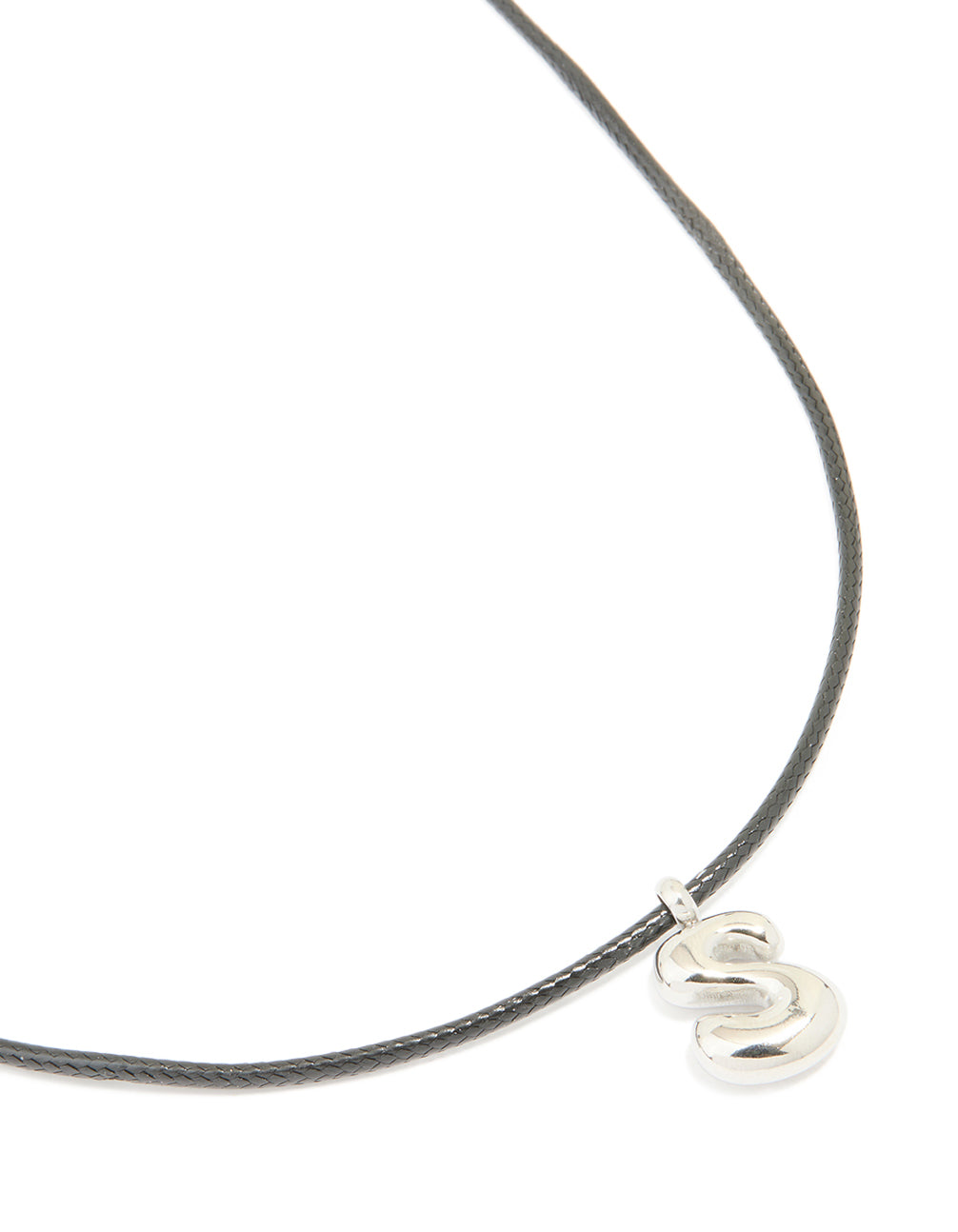 Showcasing a waterproof stainless steel large bubble letter S pendant necklace with initials featuring grey cord close up view