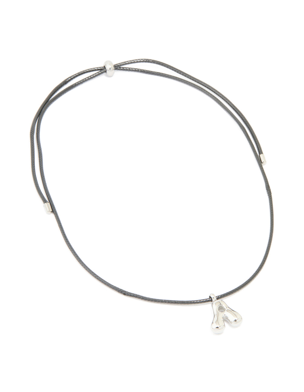 Crafted from waterproof stainless steel, this initial detail necklace features a large bubble letter A pendant on grey cord, complete design shown in front view