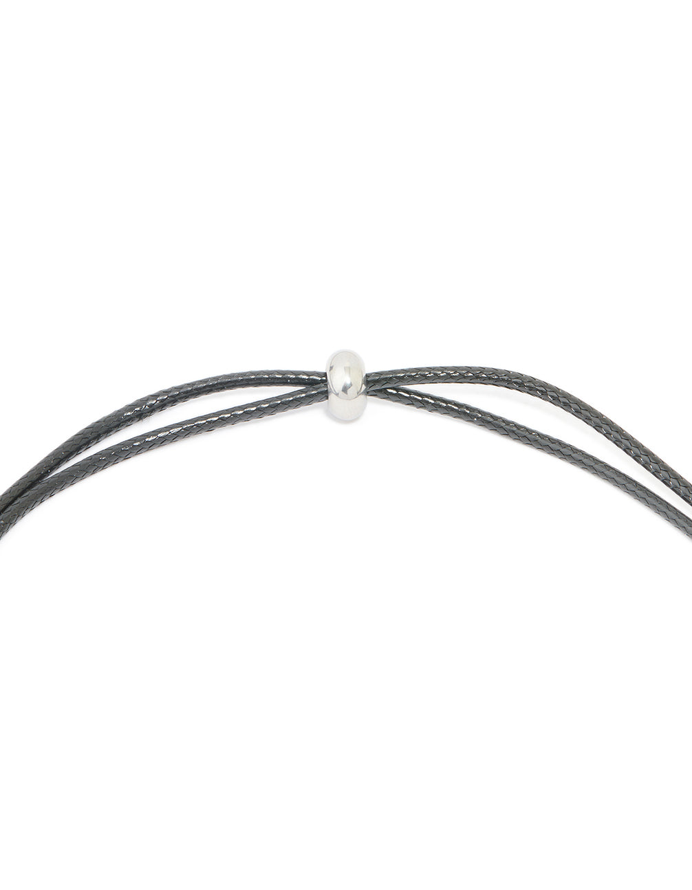 Highlighting the waterproof initial feature necklace with a large bubble letter A pendant in stainless steel on grey cord clasp detail view