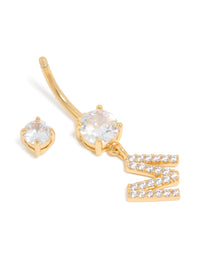 Gold Plated Surgical Steel Cubic Zirconia Pavé Letter M Belly Bar - link has visual effect only