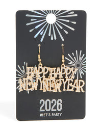 Gold Diamante Happy New Year Drop Earrings - link has visual effect only