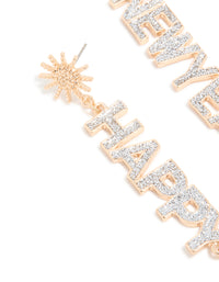 Gold Diamante Happy New Year Star Drop Earrings - link has visual effect only