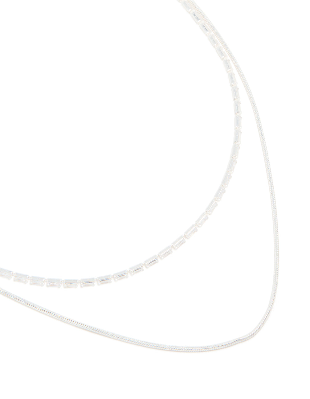 Silver Plated Cubic Zirconia Baguette & Chain Layered Necklace