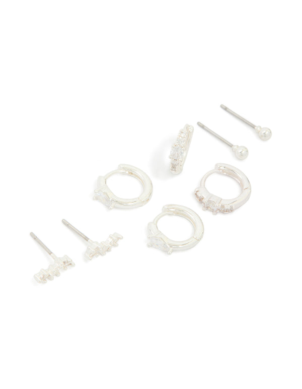 Silver Plated Cubic Zirconia Fine Huggie & Stud Earrings 4-Pack