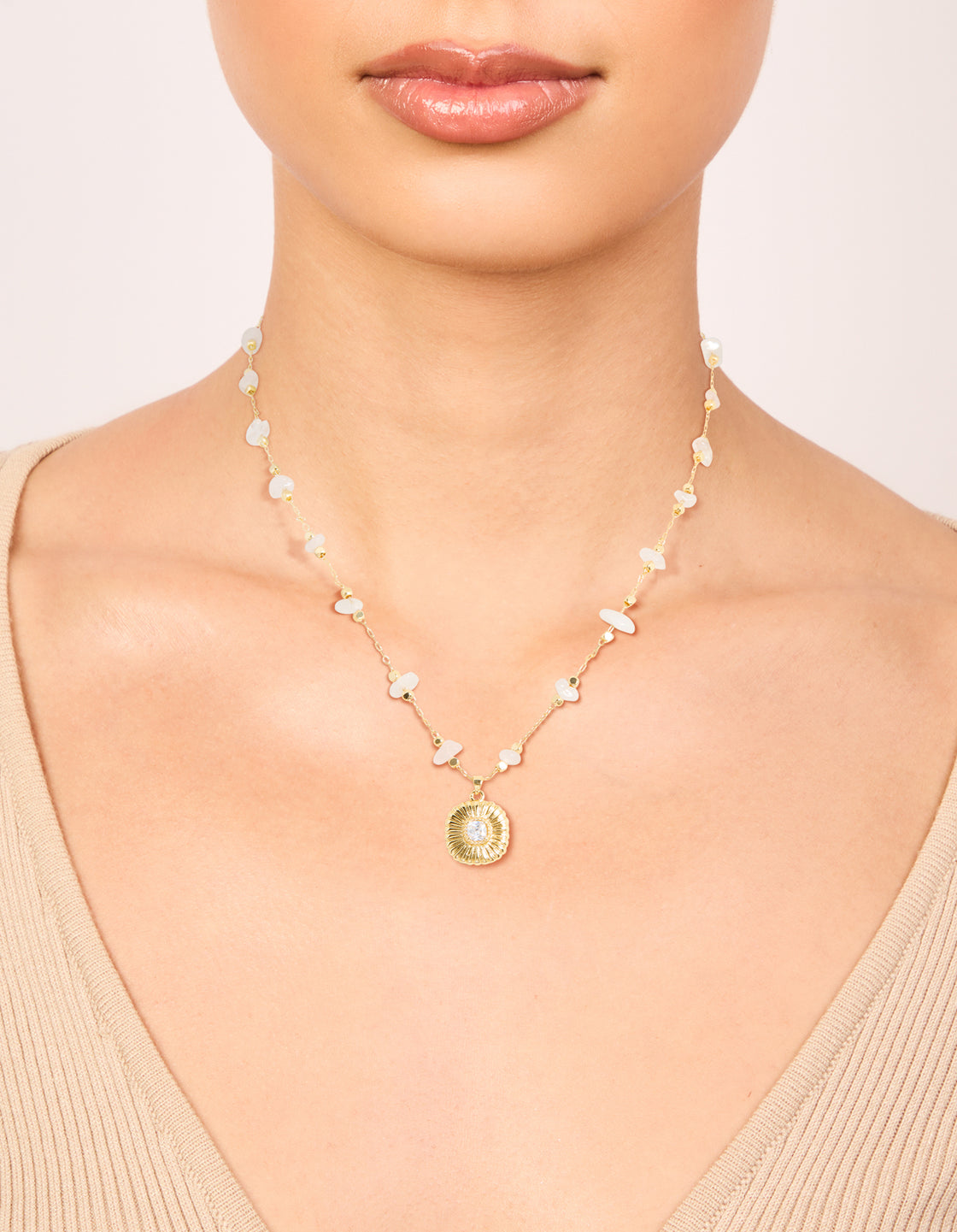 Gold Rose Quartz Semi Precious & Cubic Zirconia Ribbed Pendant Necklace