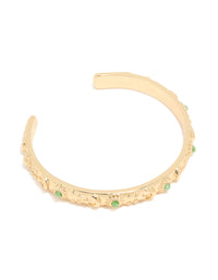 Gold Plated Cluster Green Semi Precious Stone Etched Open Wrist Cuff - link has visual effect only